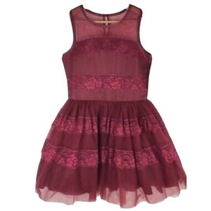 𝅺nanette Lepore Girls Dress Gown Size 16 Burgundy Wine Red Formal Lace Tulle